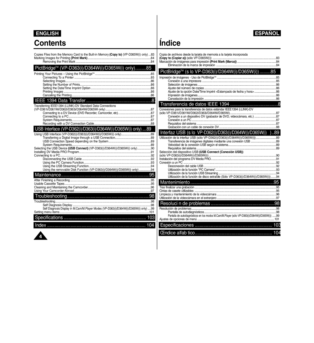 Samsung D365W(I) manual PictBridgeTM VP-D363i/D364Wi/D365Wi only, 103, 104, PictBridgeTM sólo VP-D363i/D364Wi/D365Wi 