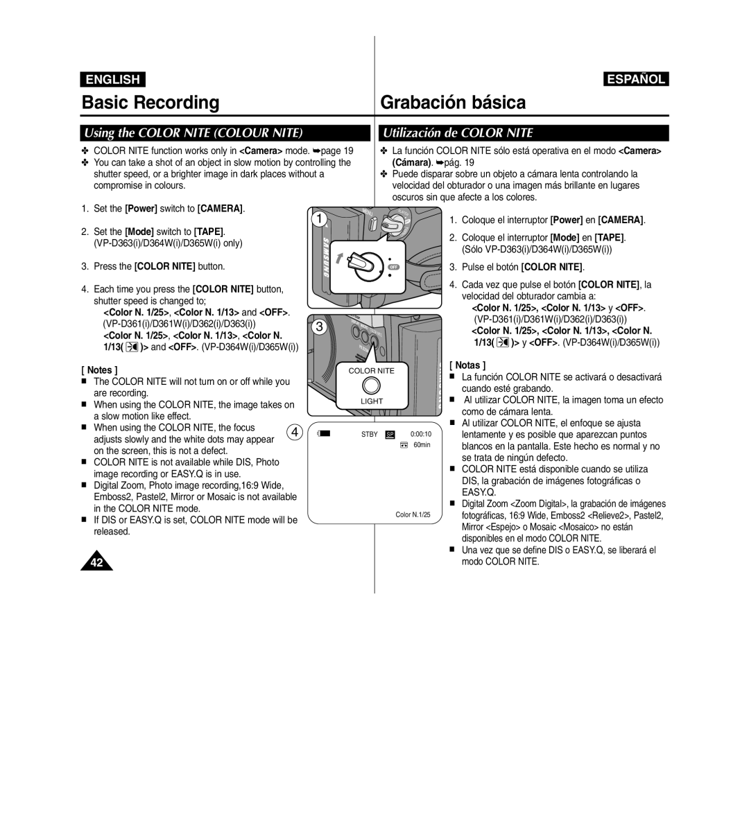 Samsung D365W(I) manual Using the Color Nite Colour Nite, Utilización de Color Nite 