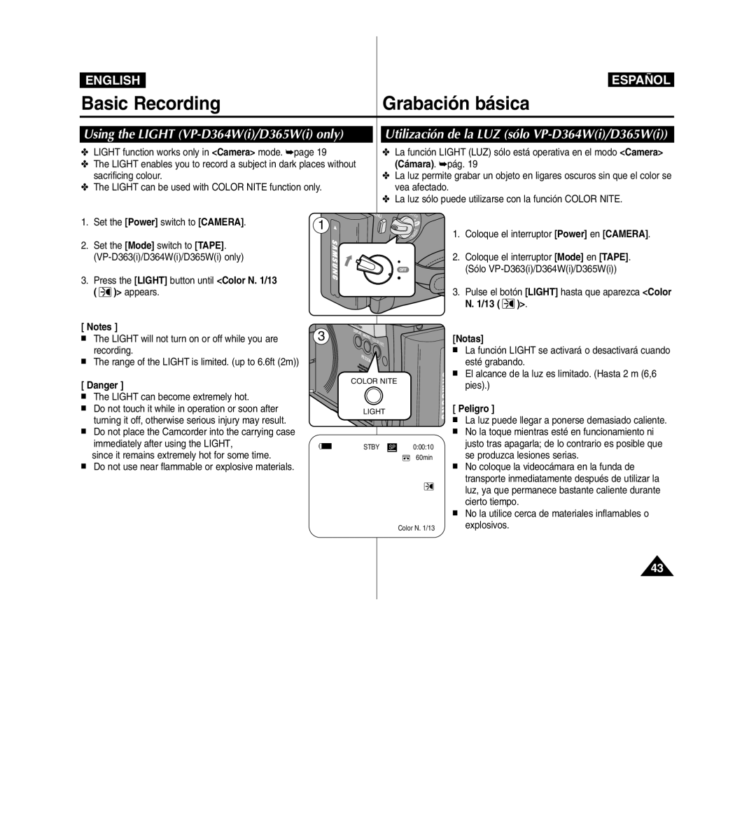 Samsung D365W(I) manual Using the Light VP-D364Wi/D365Wi only, Utilización de la LUZ sólo VP-D364Wi/D365Wi, Peligro 