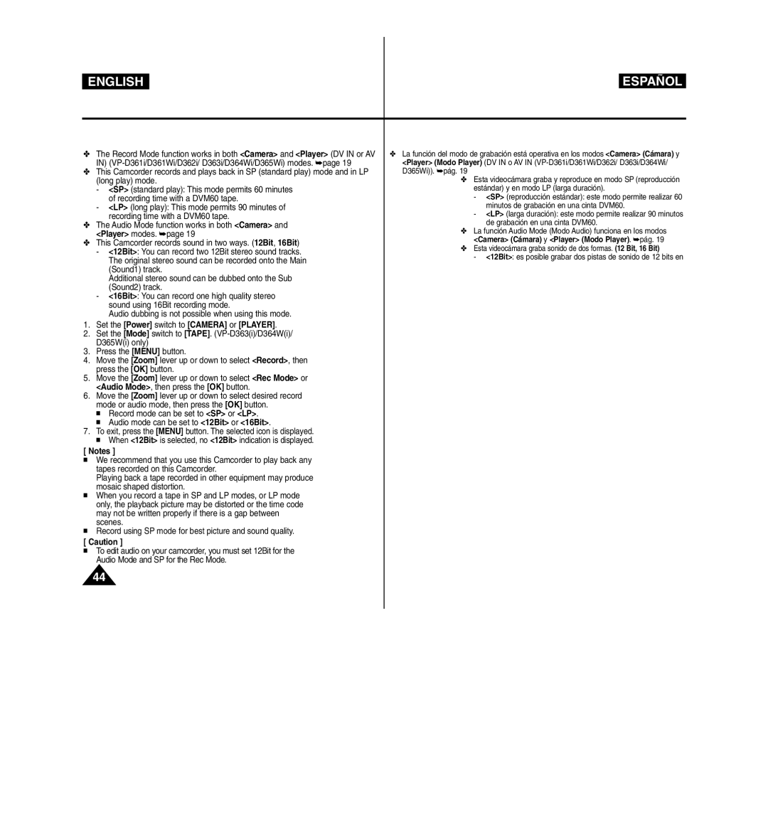 Samsung D365W(I) manual Advanced Recording Grabación avanzada, Selección del modo de grabación y audio 