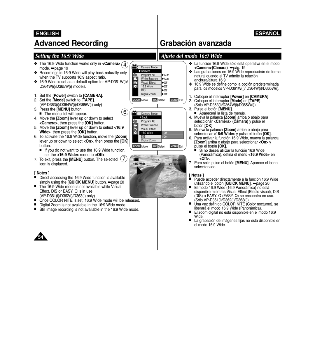 Samsung D365W(I) manual Setting the 169 Wide, Ajuste del modo 169 Wide 