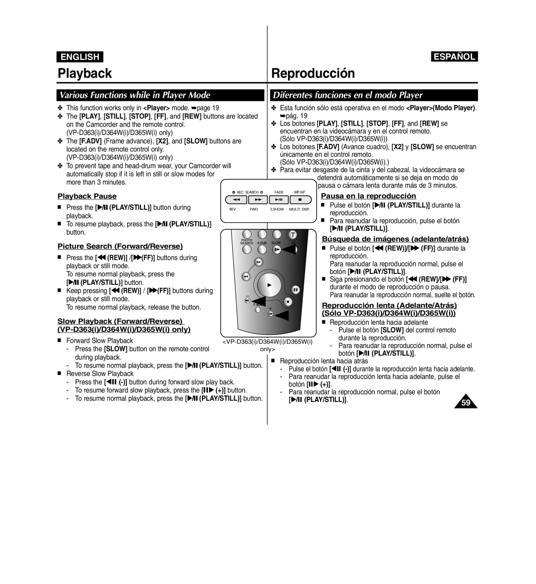 Samsung D365W(I) manual Various Functions while in Player Mode, Diferentes funciones en el modo Player 