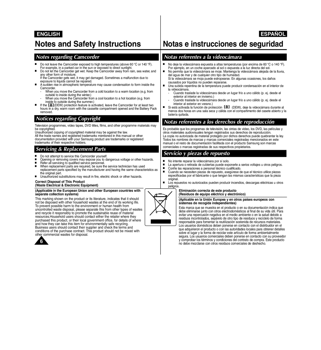 Samsung D365W(I) manual Servicing & Replacement Parts, Notas referentes a la videocámara, Servicio y piezas de repuesto 