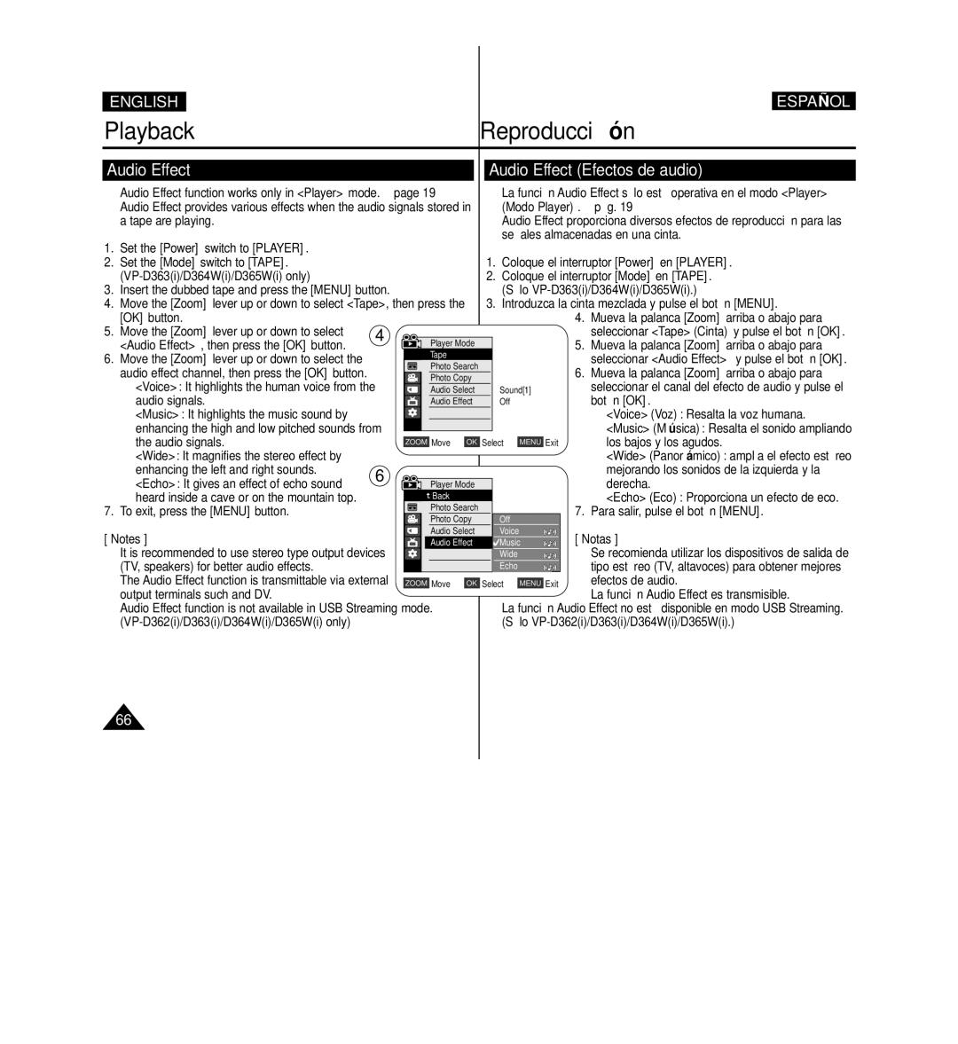 Samsung D365W(I) manual Audio Effect Audio Effect Efectos de audio, Modo Player. pág 