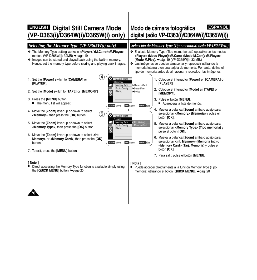 Samsung D365W(I) manual Selecting the Memory Type VP-D365Wi only, Selección de Memory Type Tipo memoria sólo VP-D365Wi 