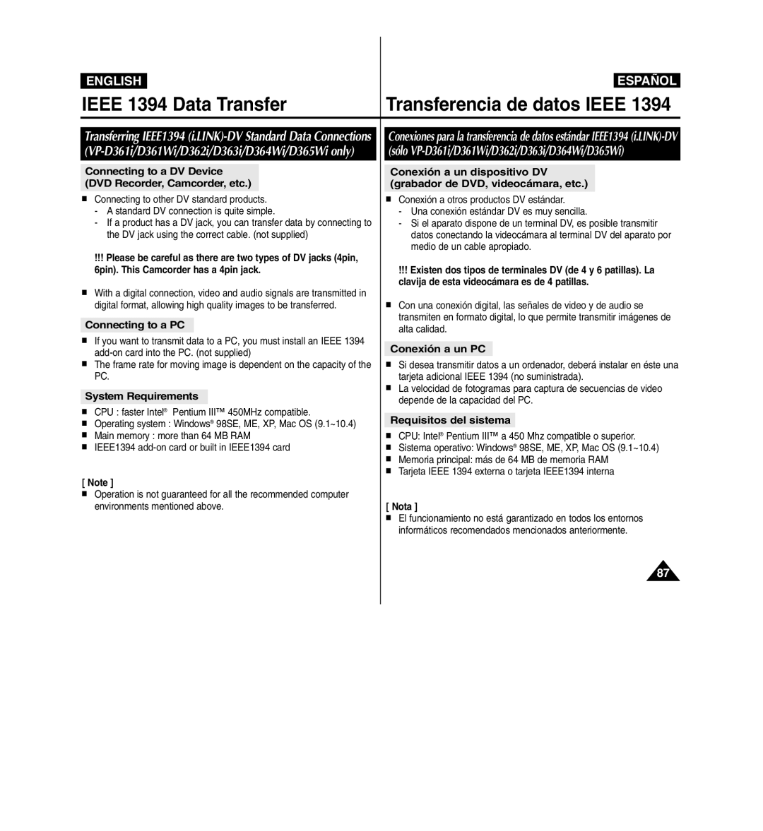 Samsung D365W(I) manual Ieee 1394 Data Transfer Transferencia de datos Ieee, Connecting to a PC, System Requirements 