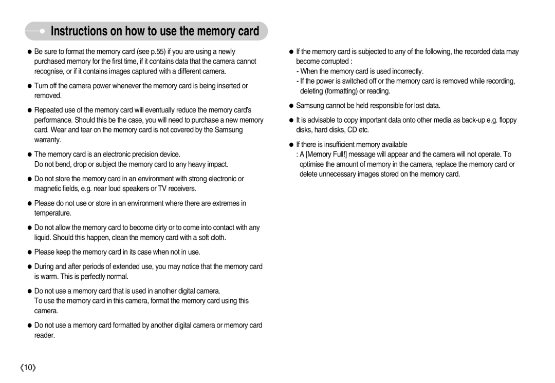 Samsung D53 manual Instructions on how to use the memory card 