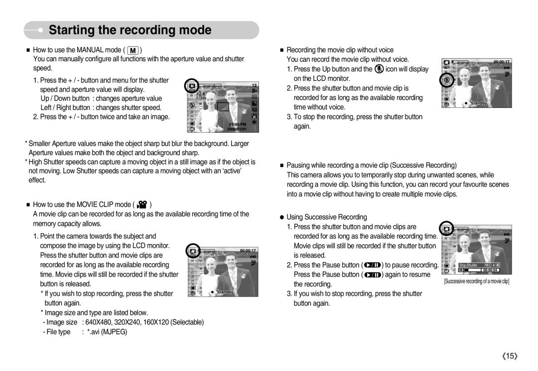 Samsung D53 manual Successive recording of a movie clip 