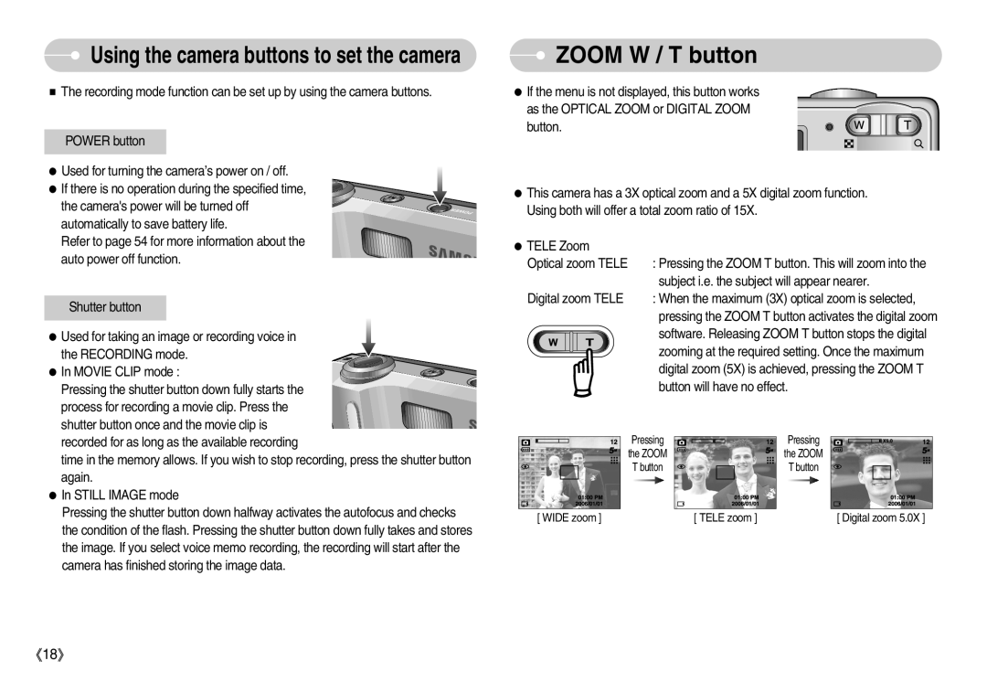 Samsung D53 manual Zoom W / T button, Using the camera buttons to set the camera 