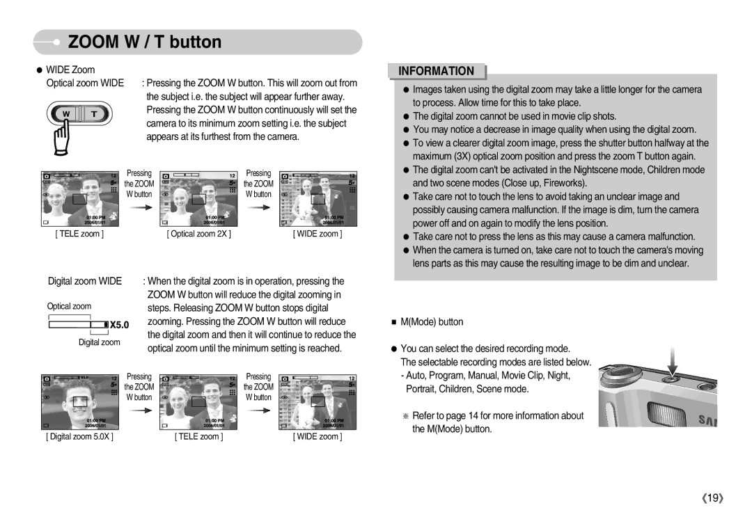 Samsung D53 manual Tele zoom Optical zoom Wide zoom 