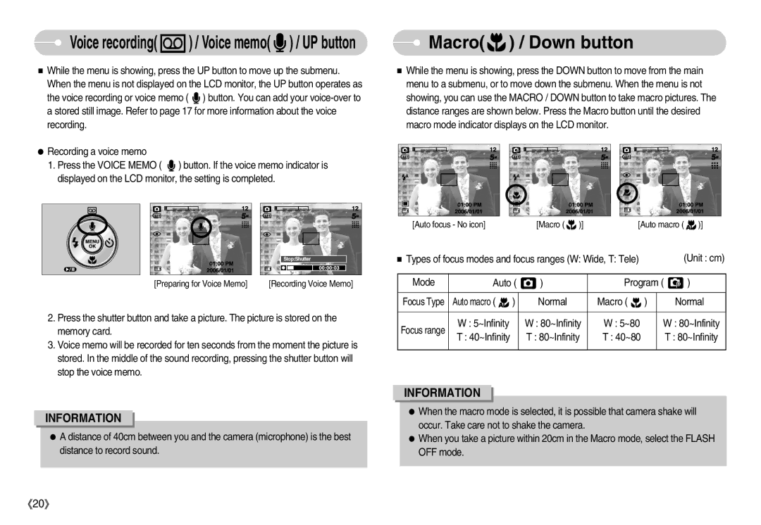 Samsung D53 manual Macro / Down button, Voice recording / Voice memo / UP button 