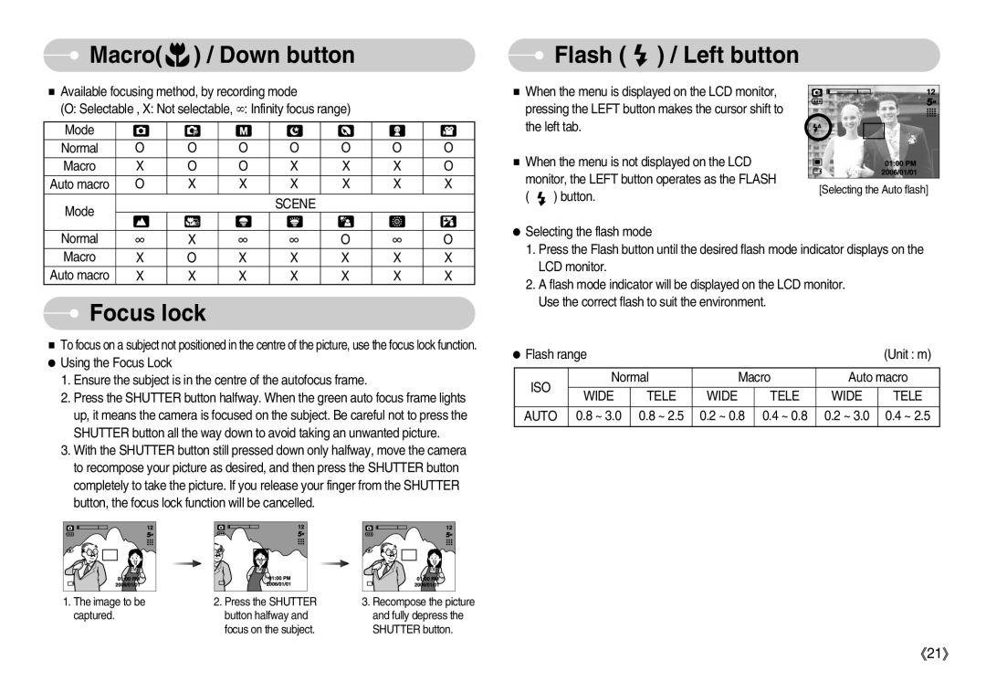 Samsung D53 manual Flash / Left button, Focus lock, Iso, Wide Tele Auto 