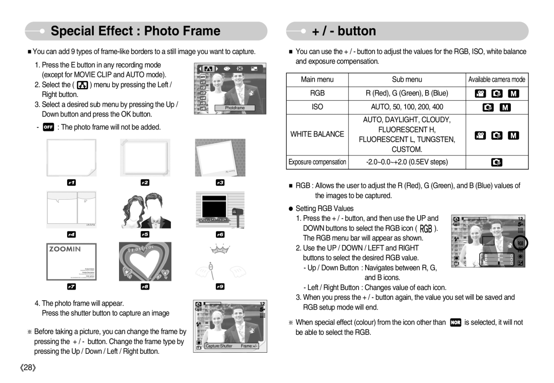 Samsung D53 manual Special Effect Photo Frame, + / button 