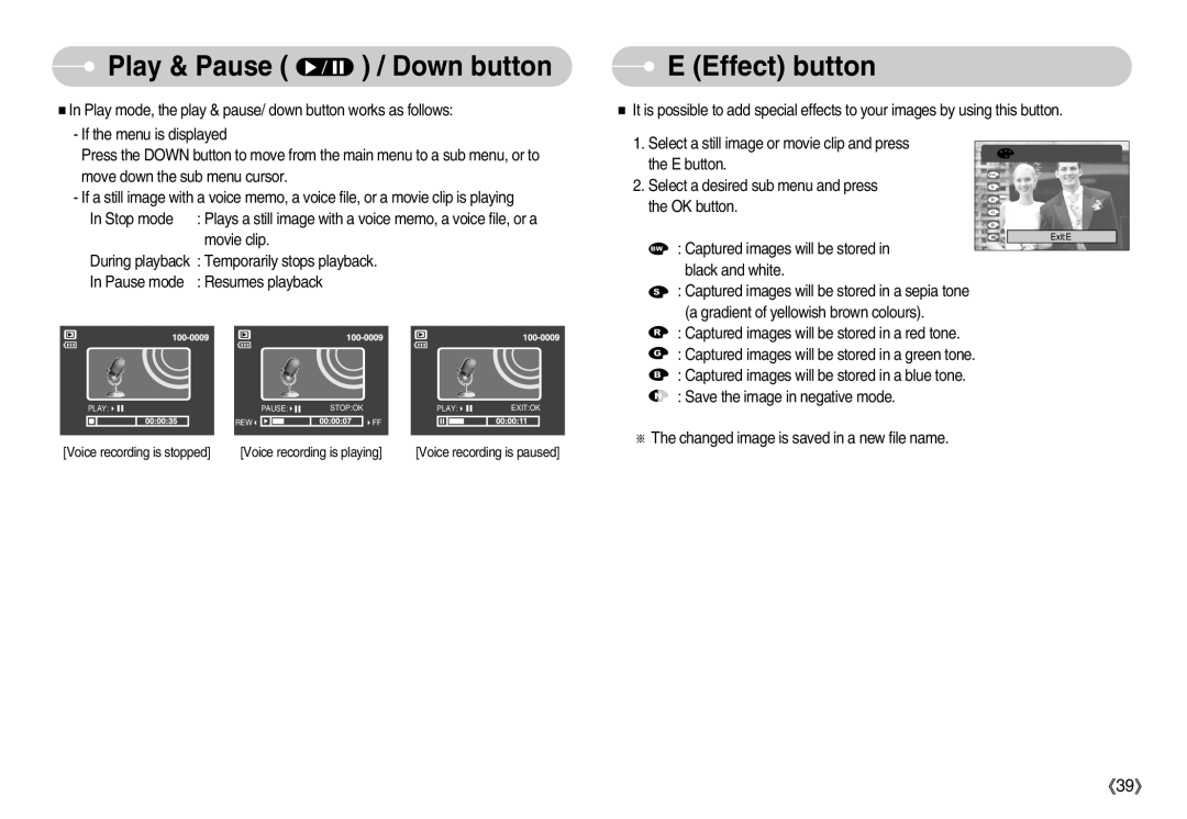 Samsung D53 manual Play & Pause / Down button, Effect button 