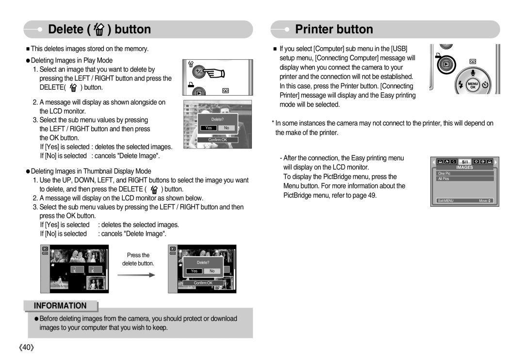 Samsung D53 manual Delete button, Printer button 