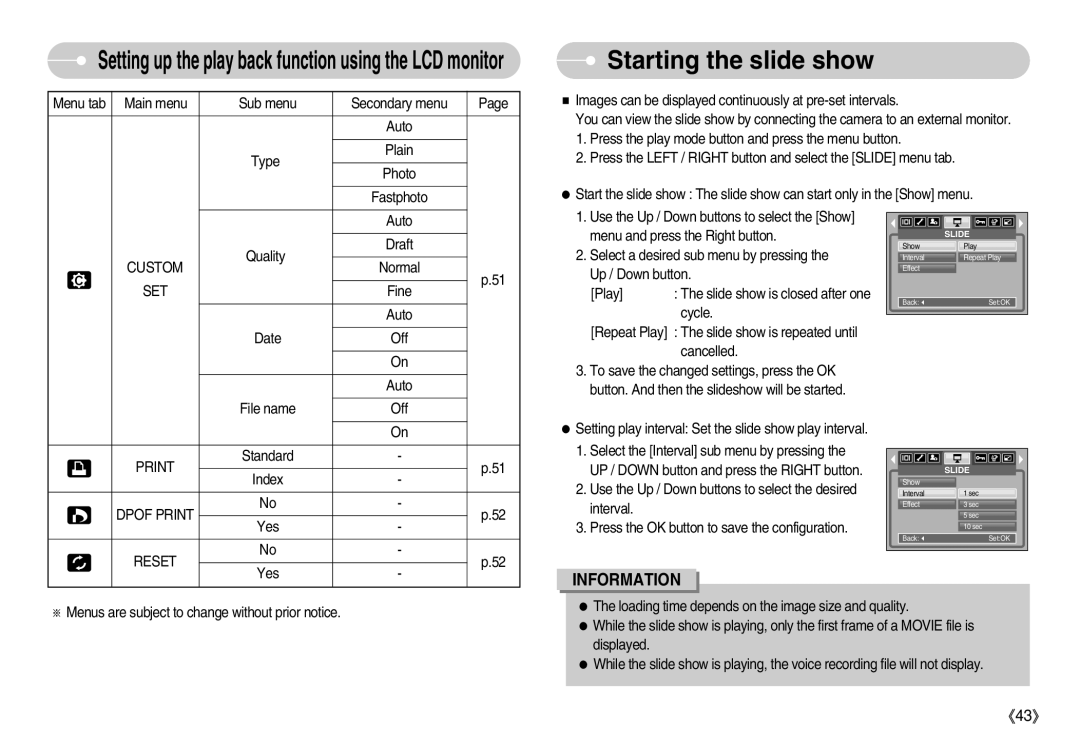 Samsung D53 manual Starting the slide show, Dpof Print, Reset 