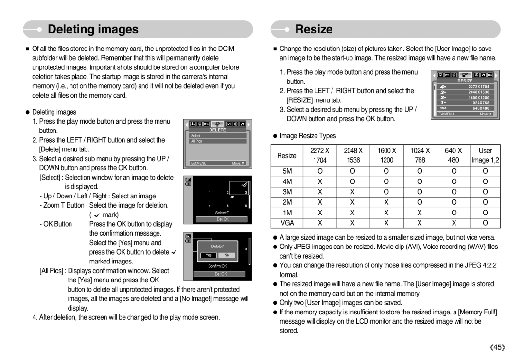 Samsung D53 manual Deleting images, Resize 