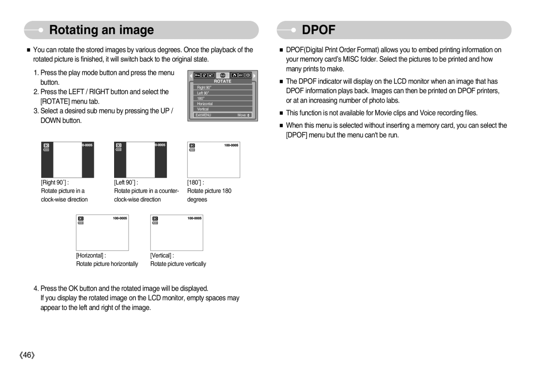 Samsung D53 manual Rotating an image, Dpof 