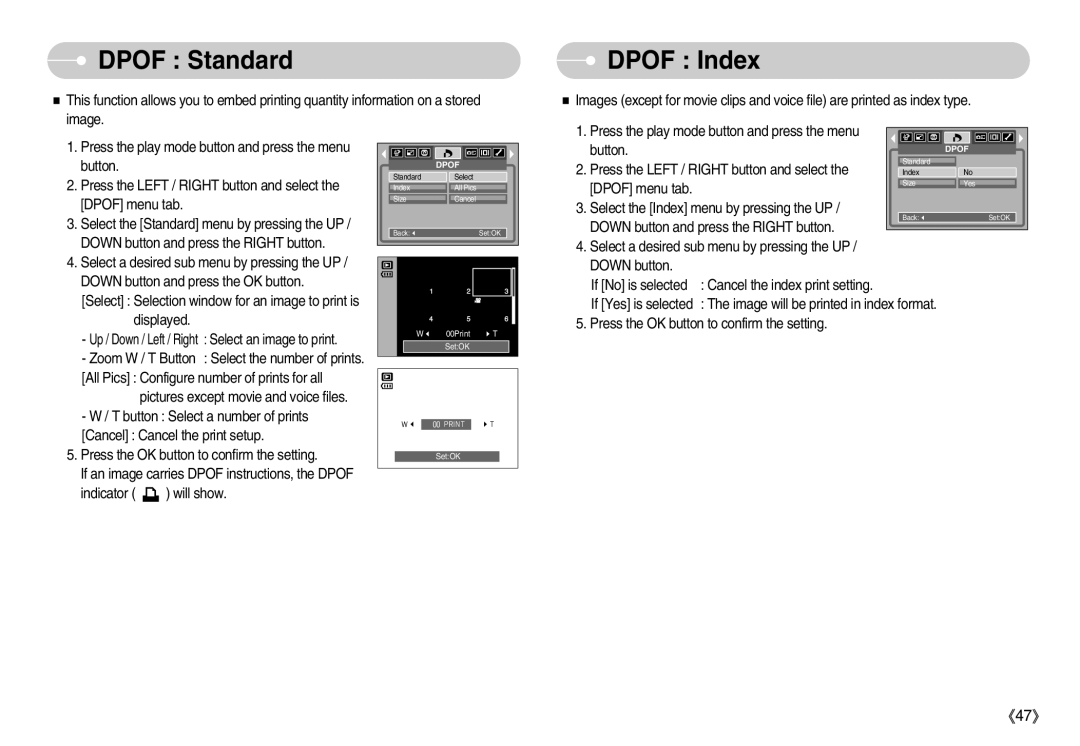 Samsung D53 manual Dpof Standard, Dpof Index 