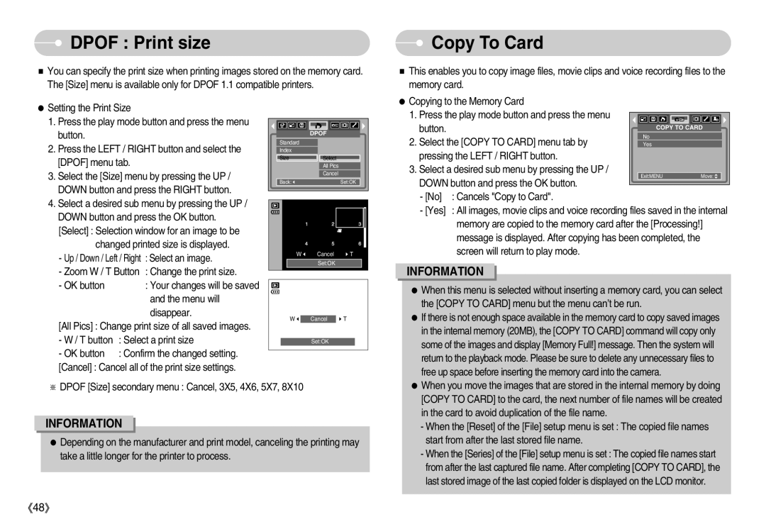 Samsung D53 manual Dpof Print size, Copy To Card 