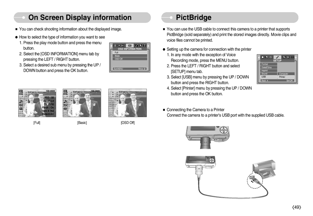 Samsung D53 manual On Screen Display information, PictBridge 