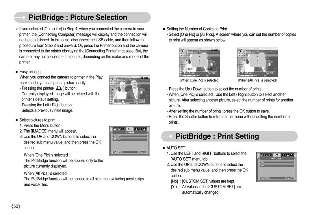 Samsung D53 manual PictBridge Picture Selection, PictBridge Print Setting 