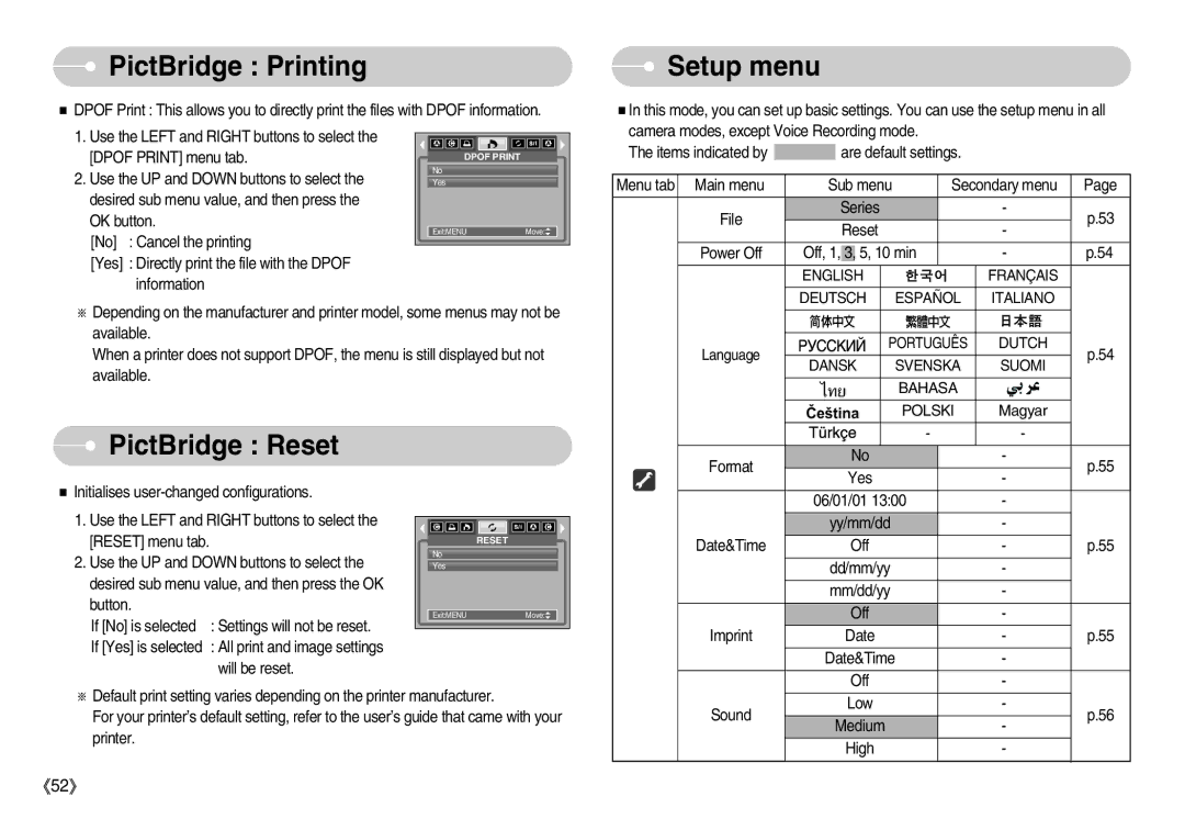 Samsung D53 manual Setup menu, PictBridge Reset, English Français Deutsch Español Italiano, Dutch 