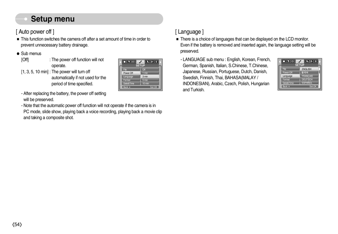 Samsung D53 manual Auto power off 