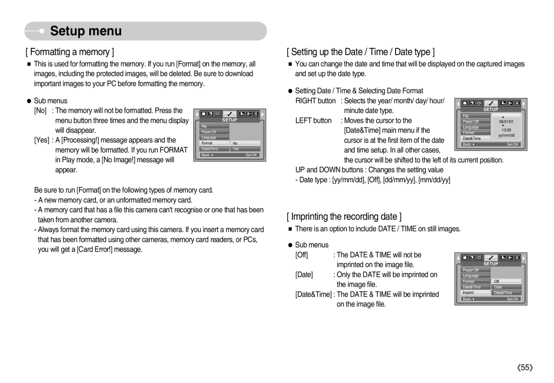 Samsung D53 manual Formatting a memory 