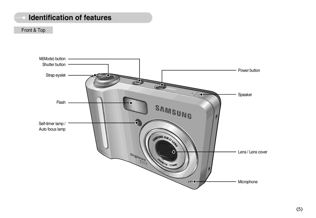 Samsung D53 manual Identification of features, Front & Top 