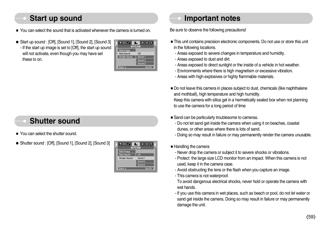 Samsung D53 manual Start up sound, Important notes, Shutter sound 