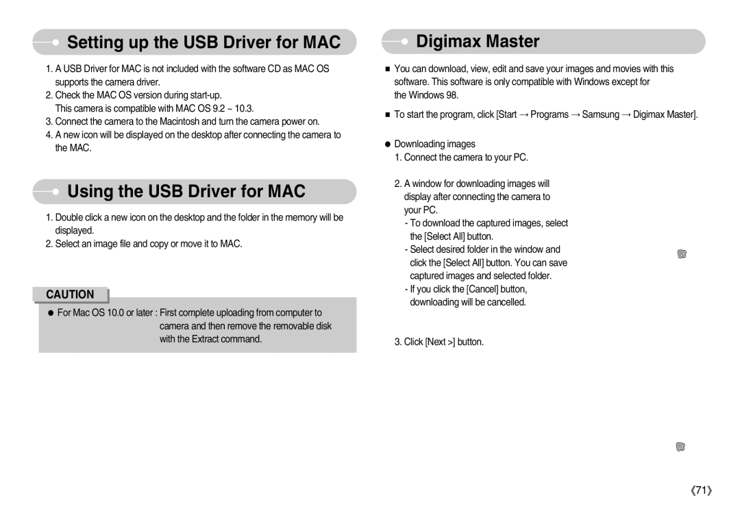 Samsung D53 manual Setting up the USB Driver for MAC, Using the USB Driver for MAC, Digimax Master 