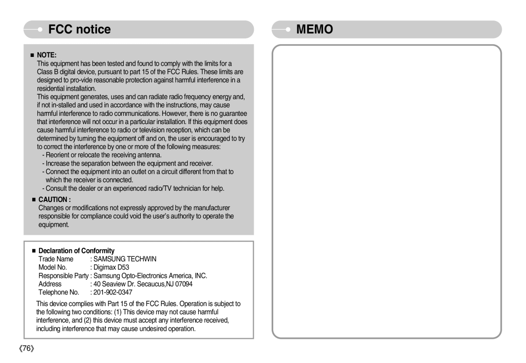 Samsung D53 manual FCC notice, Samsung Techwin 