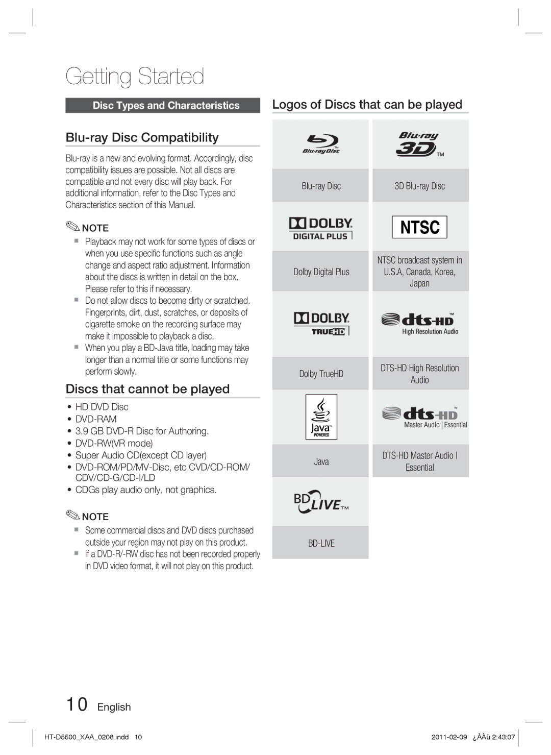 Samsung D5500 Discs that cannot be played, HD DVD Disc, Dvd-Ram, Blu-ray Disc Dolby Digital Plus Dolby TrueHD Java 