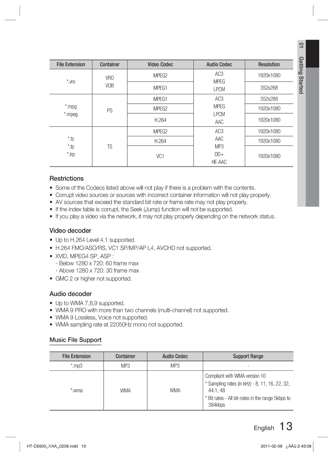 Samsung D5500 user manual Music File Support, Vob, XVID, MPEG4 SP, ASP 