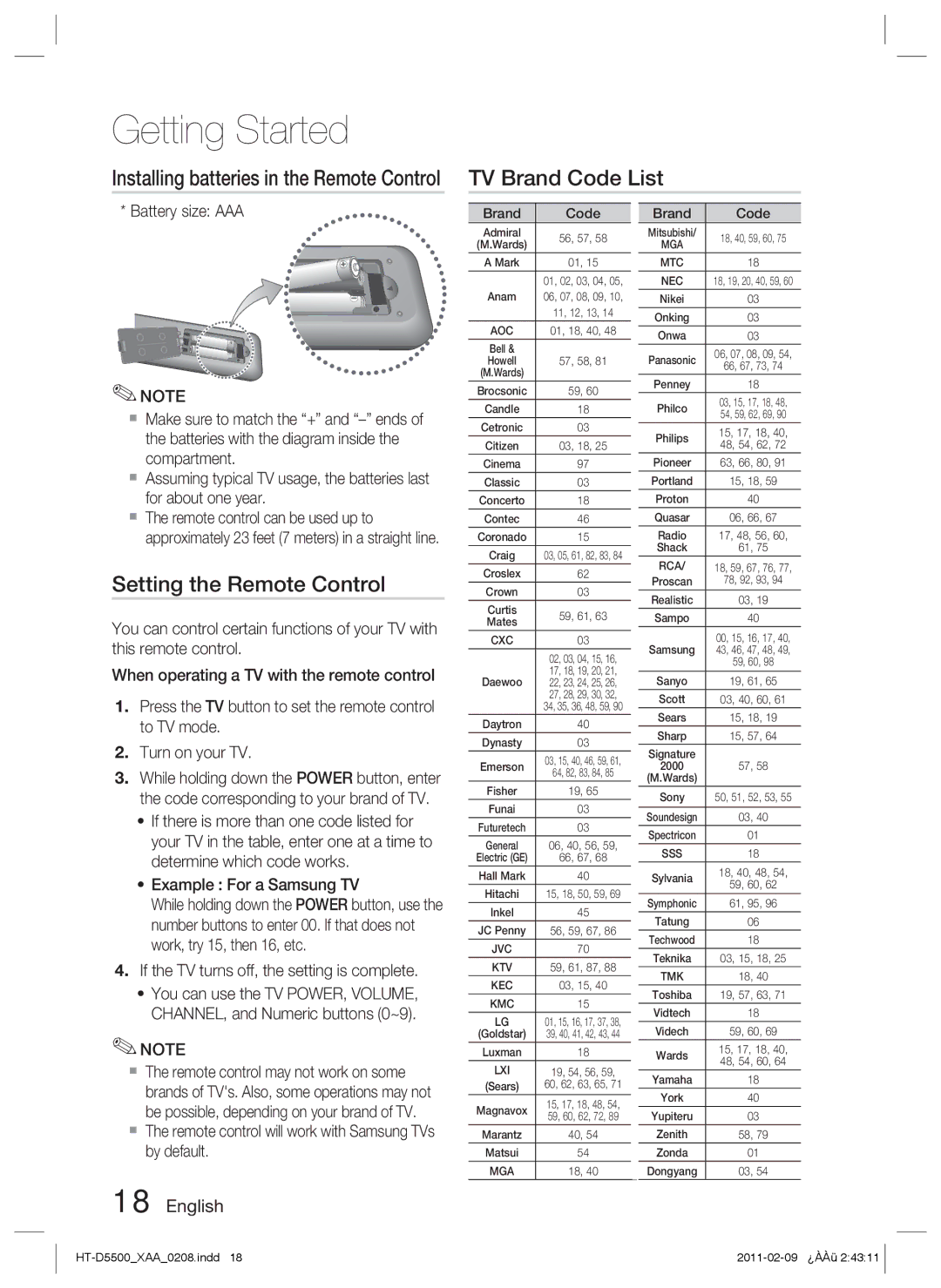 Samsung D5500 TV Brand Code List, Setting the Remote Control,  The remote control will work with Samsung TVs by default 