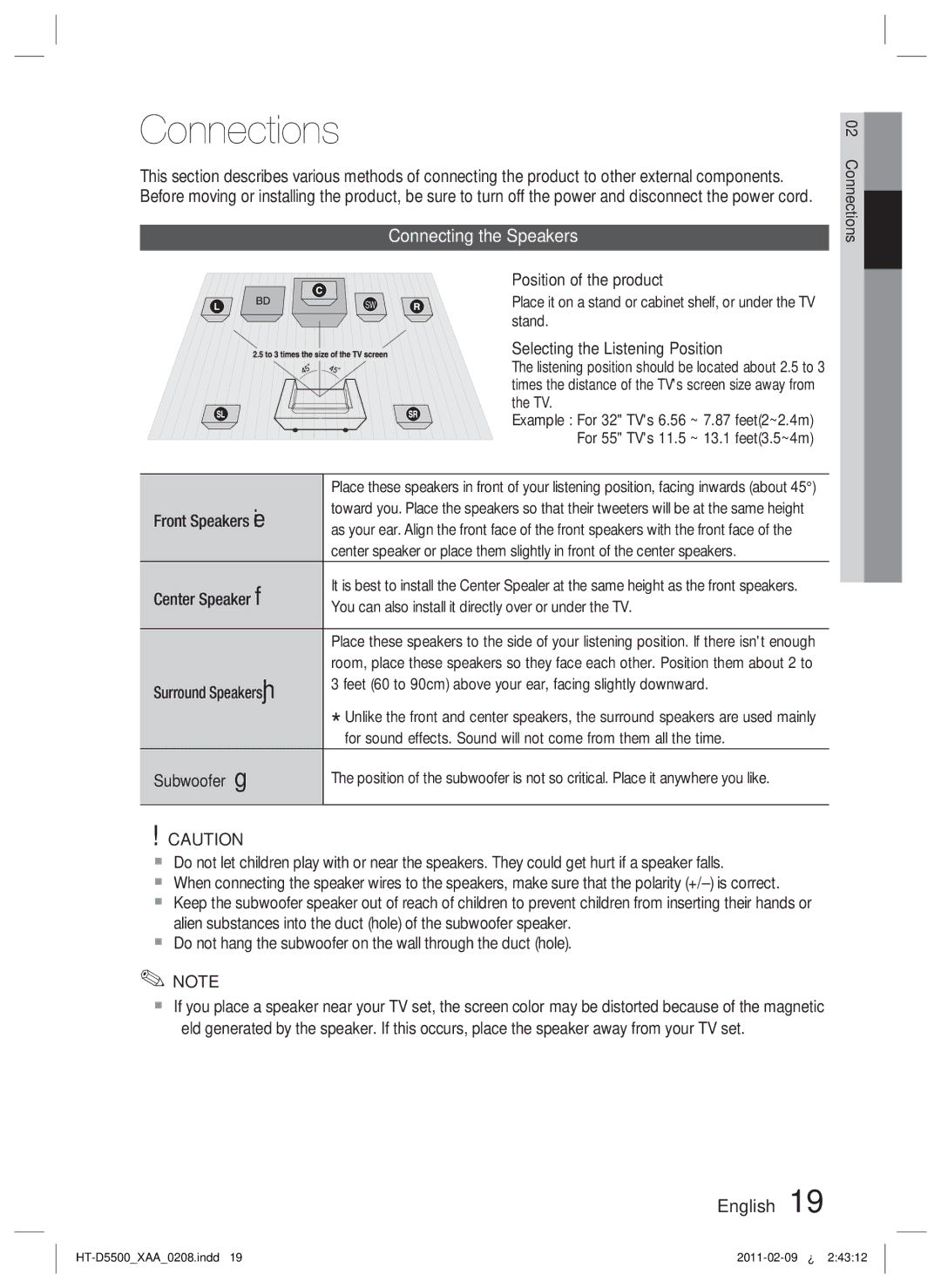 Samsung D5500 user manual Connections, Connecting the Speakers 