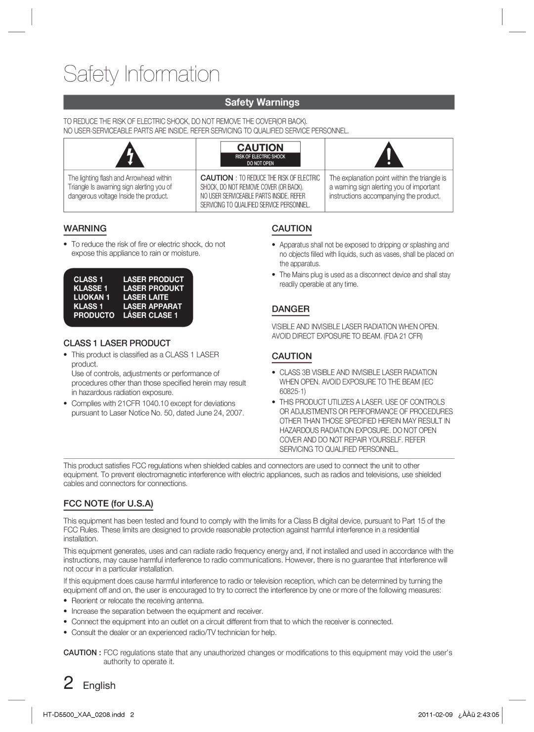 Samsung D5500 user manual Safety Information, Safety Warnings, English, Class 1 Laser Product, FCC Note for U.S.A 