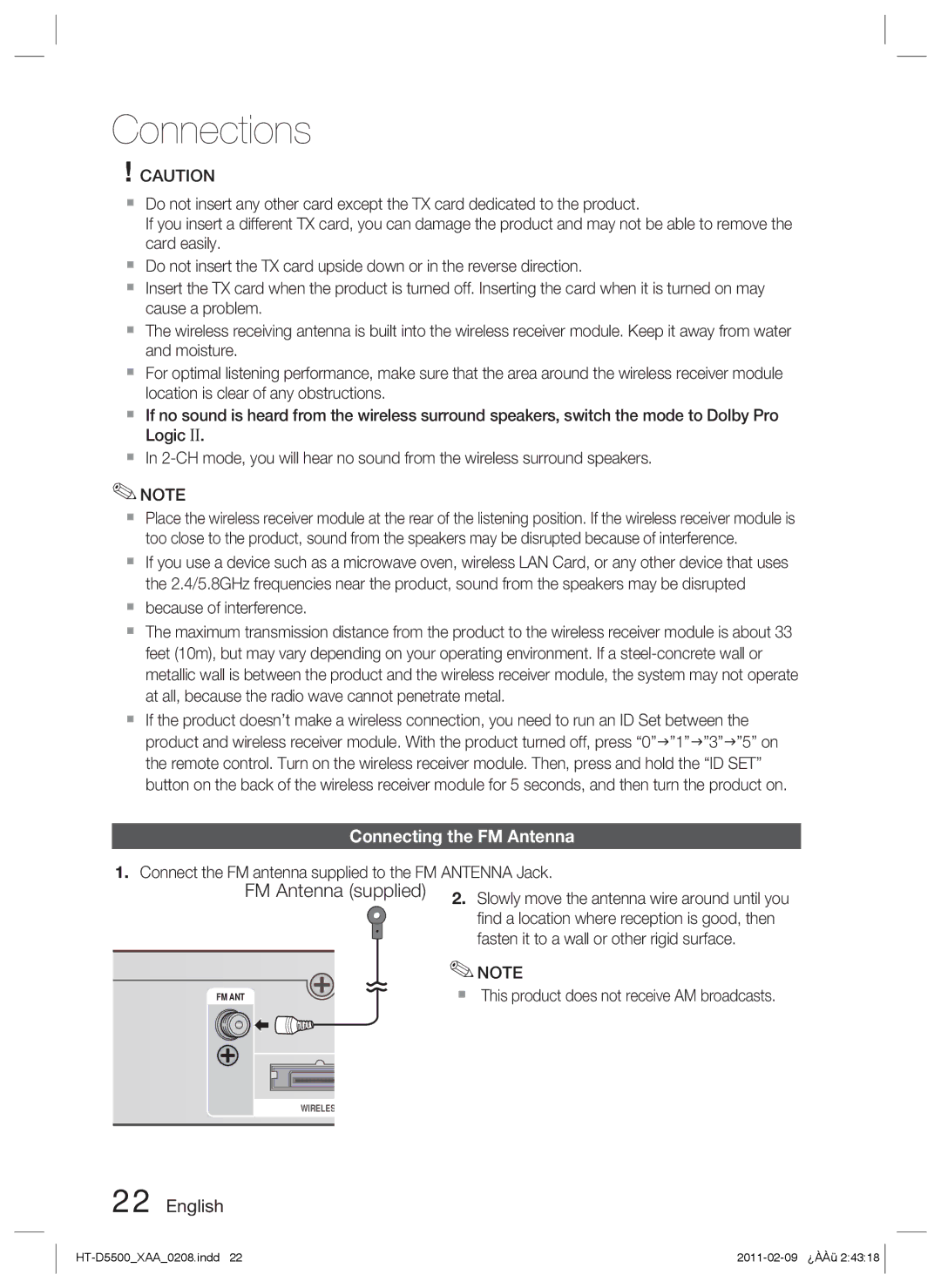 Samsung D5500 user manual Connecting the FM Antenna, Connect the FM antenna supplied to the FM Antenna Jack 