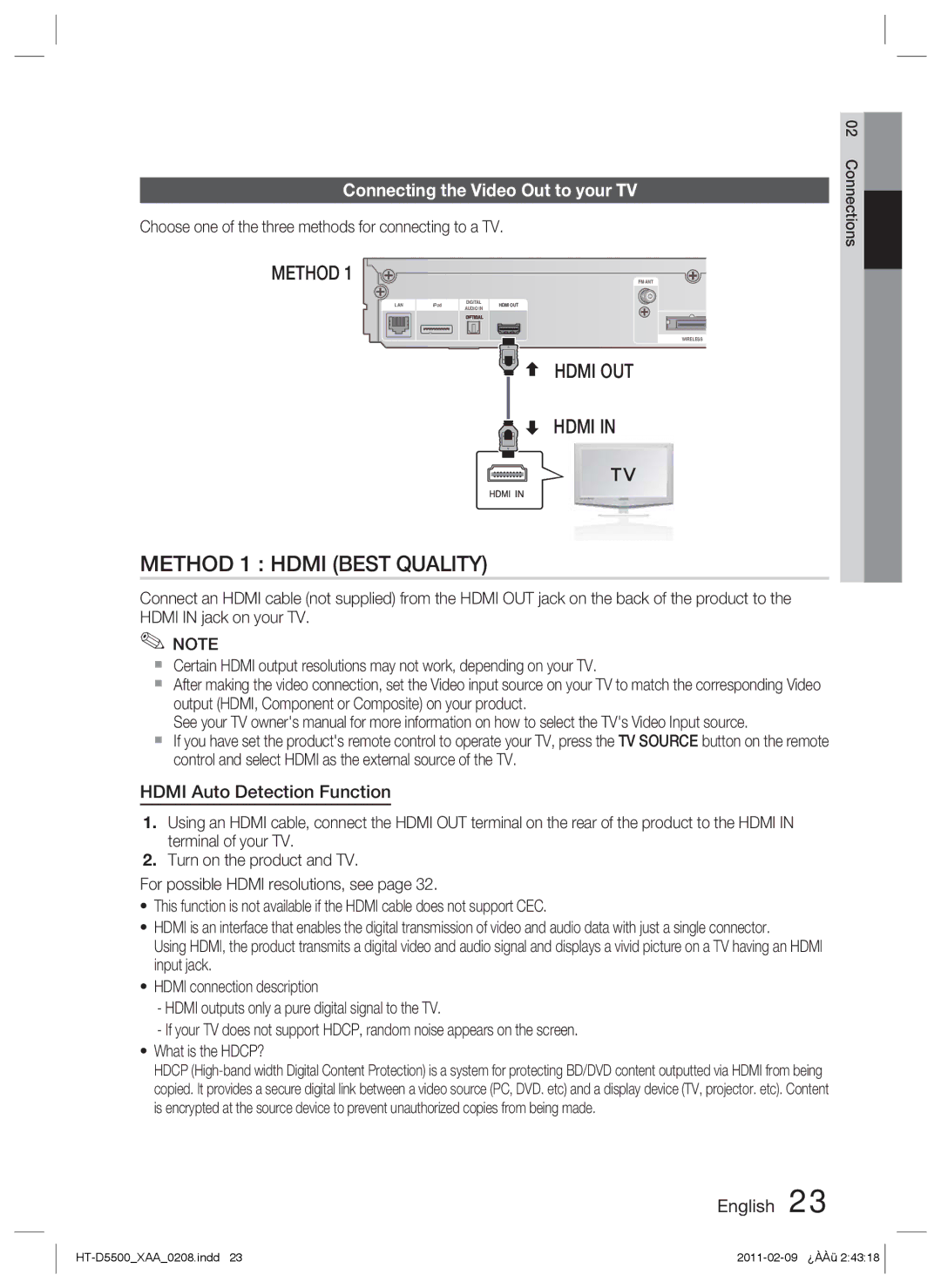 Samsung D5500 user manual Connecting the Video Out to your TV, Hdmi Auto Detection Function 