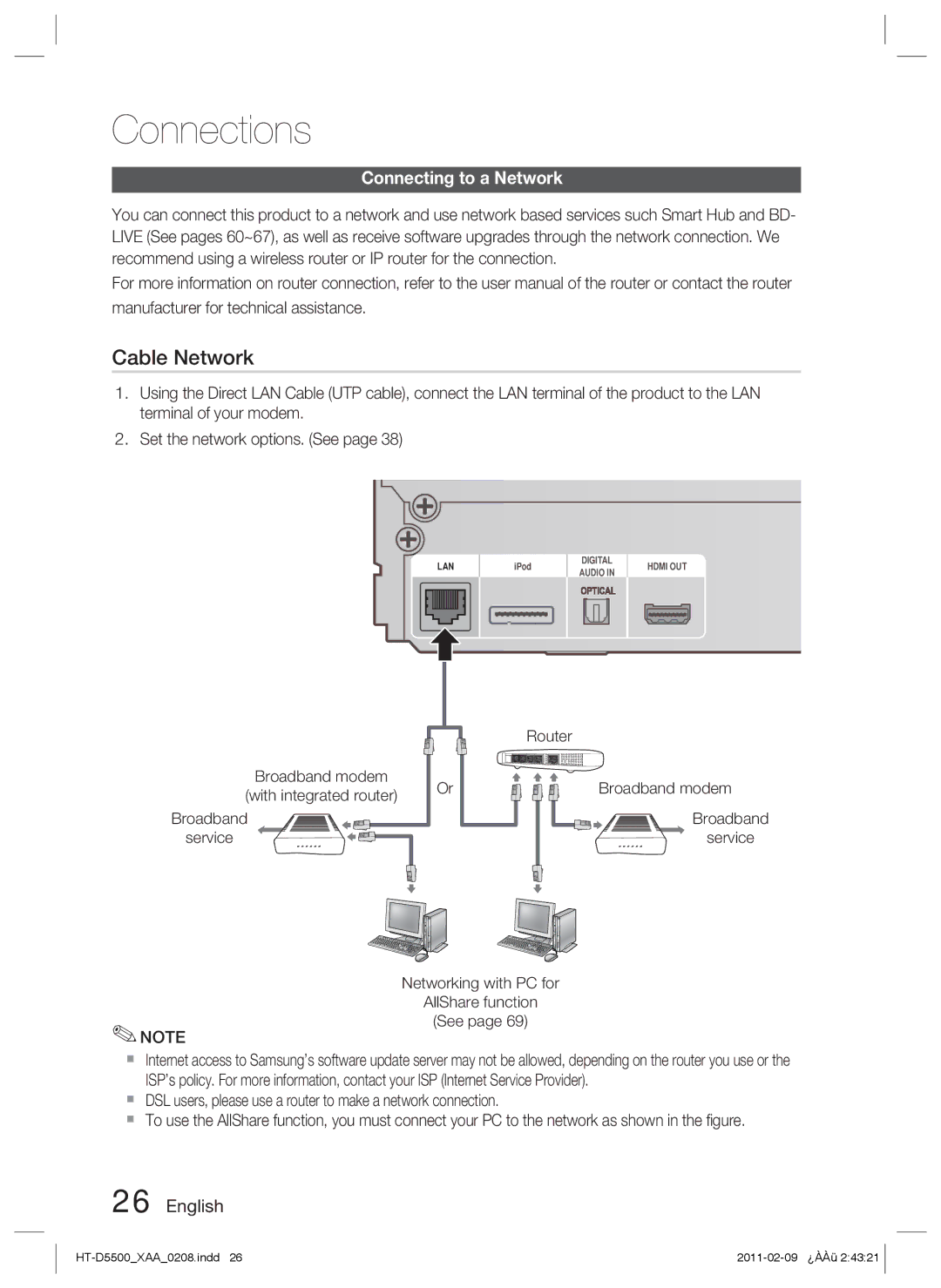 Samsung D5500 user manual Cable Network, Connecting to a Network 