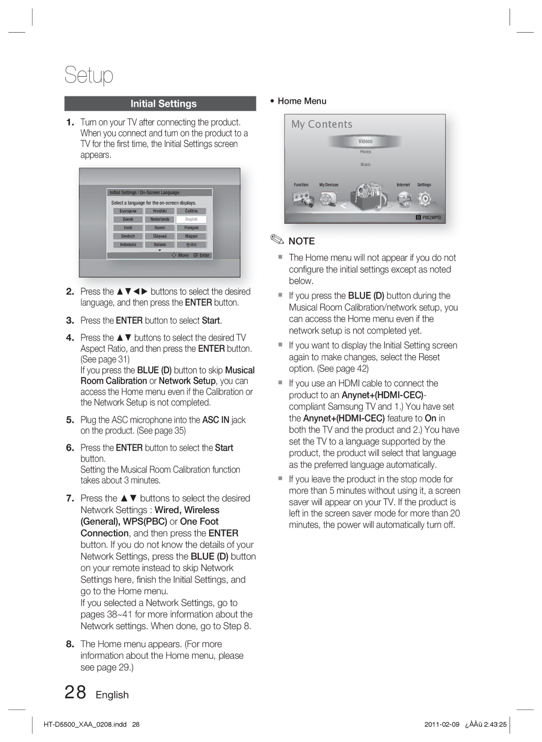 Samsung D5500 user manual Setup, My Contents 