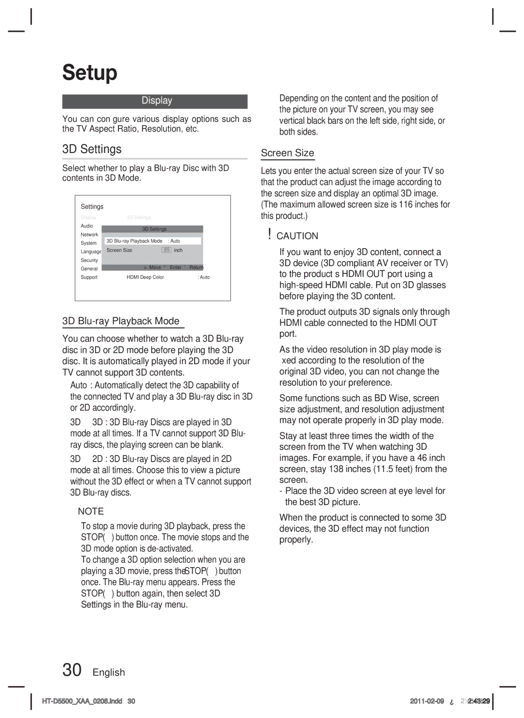 Samsung D5500 user manual Display, 3D Blu-ray Playback Mode, Screen Size 