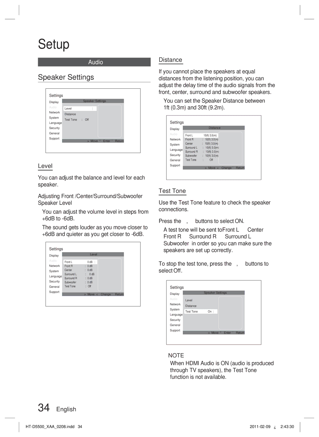 Samsung D5500 user manual Speaker Settings, Audio, Level, Distance, Test Tone 