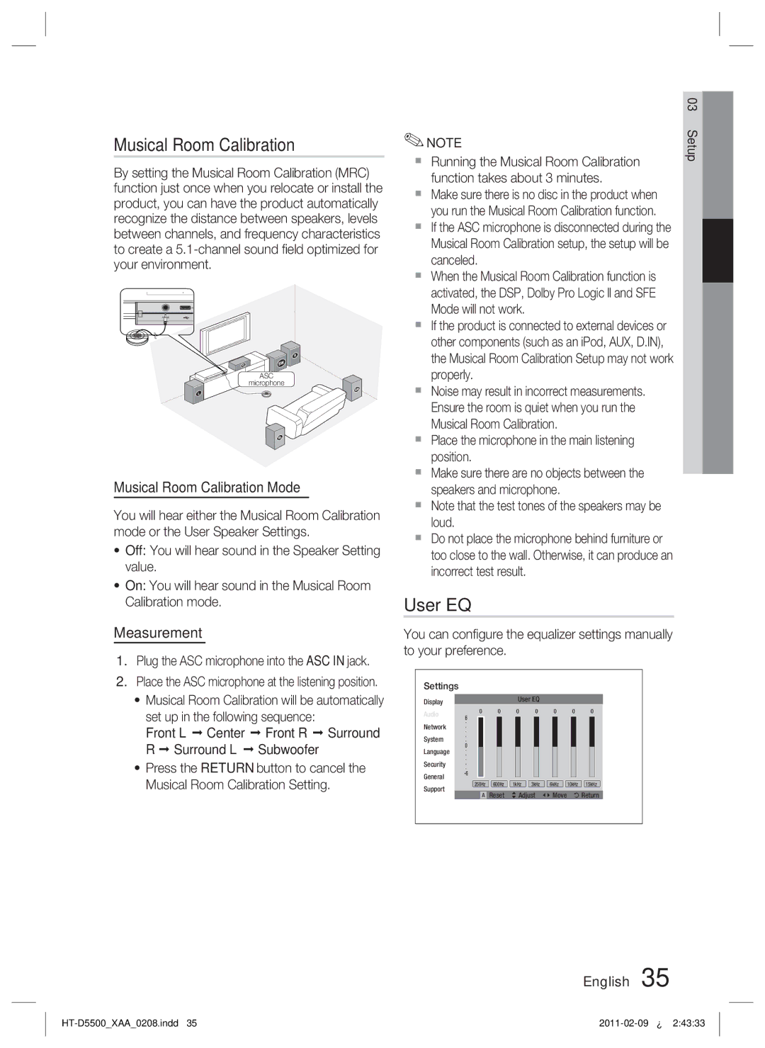 Samsung D5500 user manual User EQ, Musical Room Calibration Mode, Measurement 