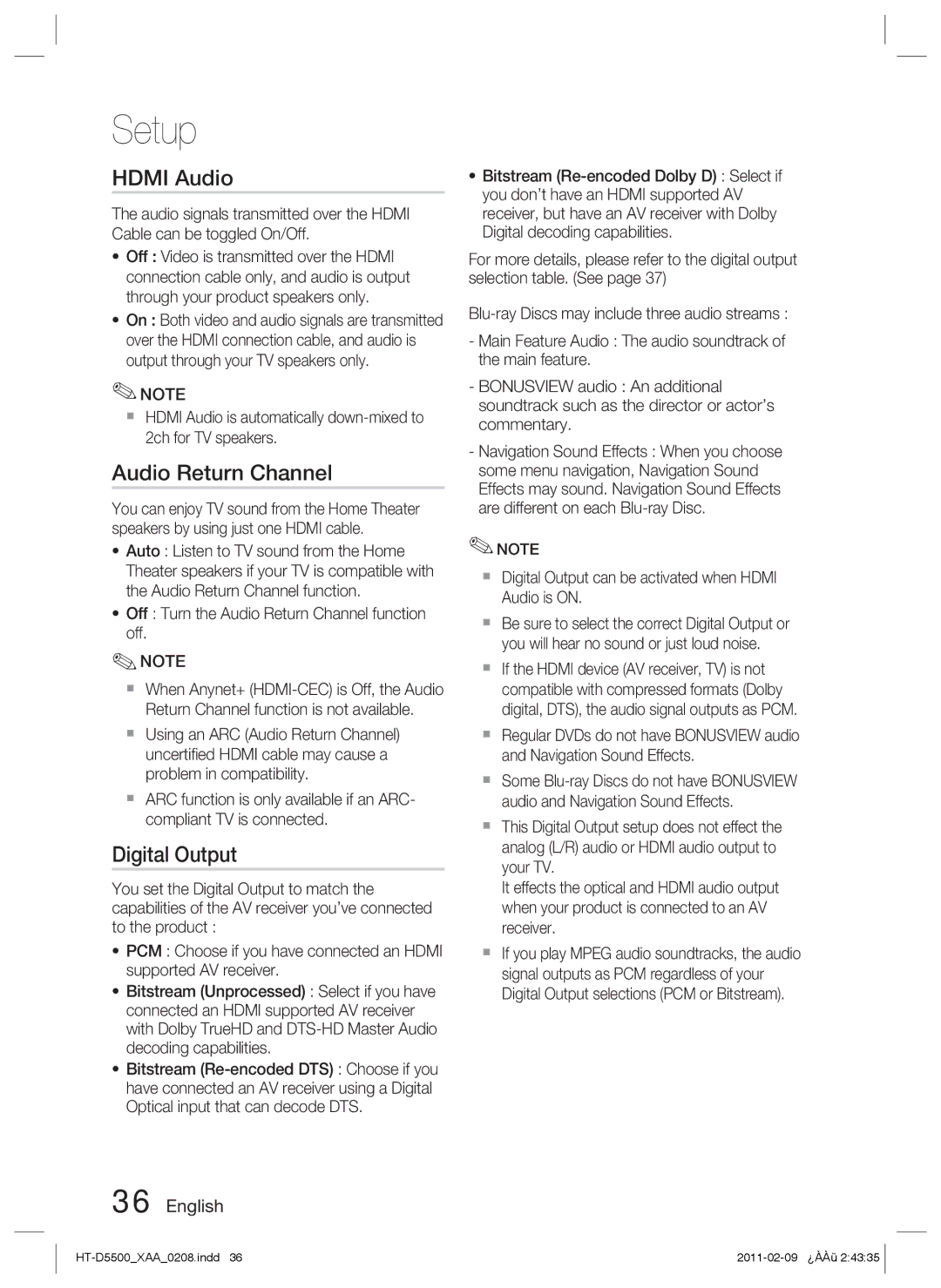 Samsung D5500 user manual Audio Return Channel,  Digital Output can be activated when Hdmi Audio is on 