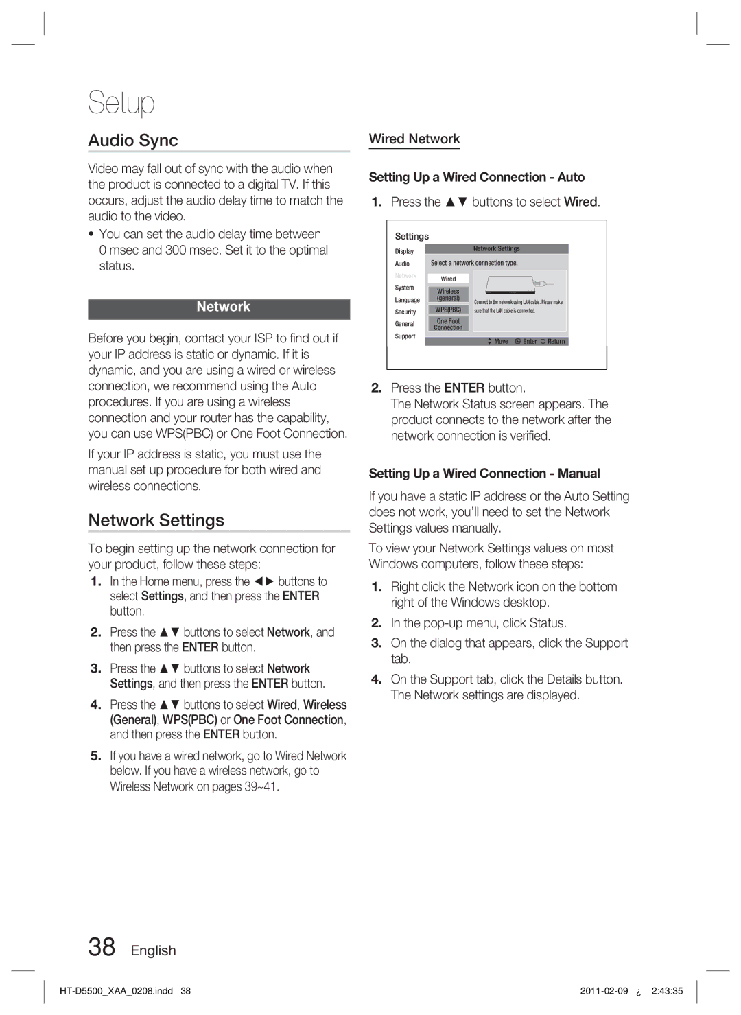 Samsung D5500 user manual Audio Sync, Network Settings, Wired Network, Press the buttons to select Wired 