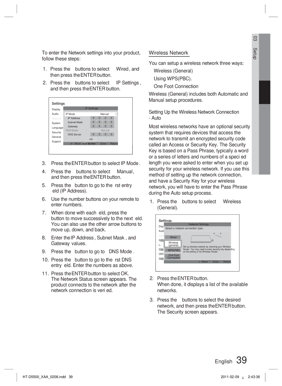 Samsung D5500 user manual Wireless Network 