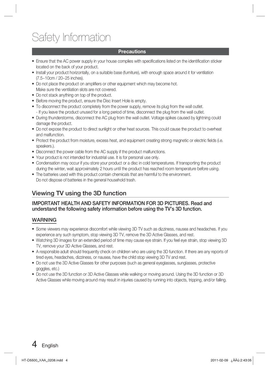 Samsung D5500 user manual Viewing TV using the 3D function, Precautions 