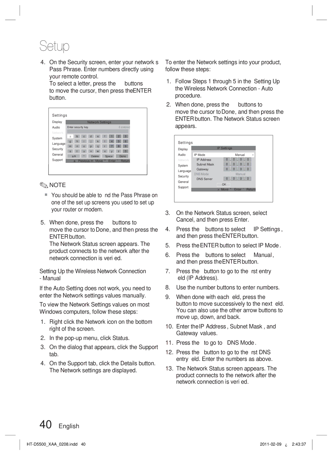 Samsung D5500 user manual Setting Up the Wireless Network Connection Manual 